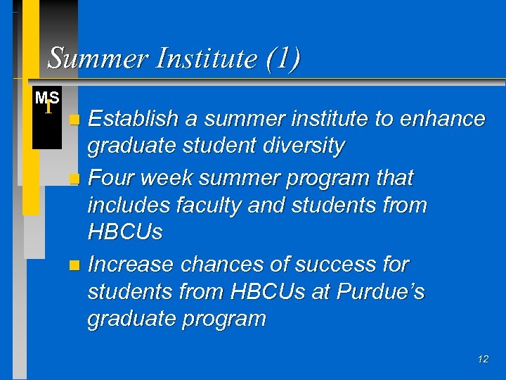 Summer Institute (1) MS I Establish a summer institute to enhance graduate student diversity