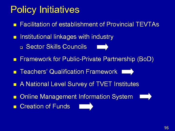 Policy Initiatives n Facilitation of establishment of Provincial TEVTAs n Institutional linkages with industry