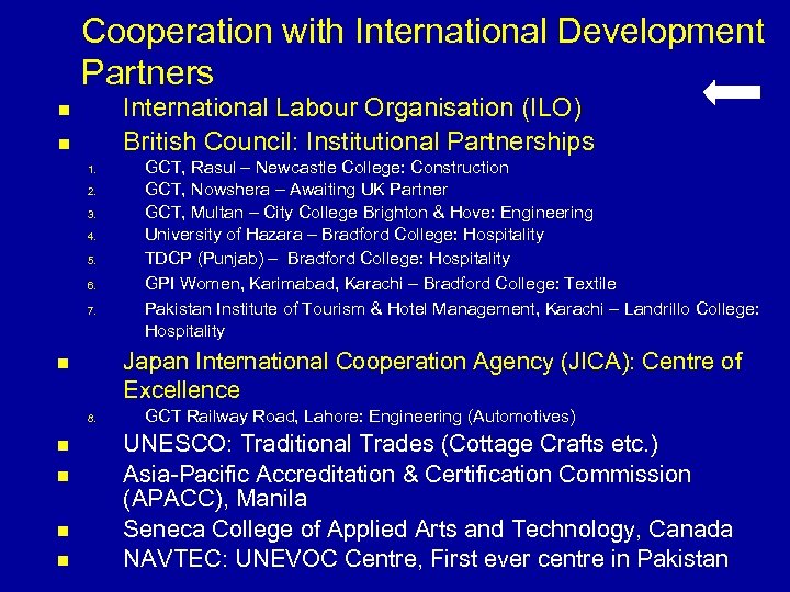 Cooperation with International Development Partners International Labour Organisation (ILO) British Council: Institutional Partnerships n