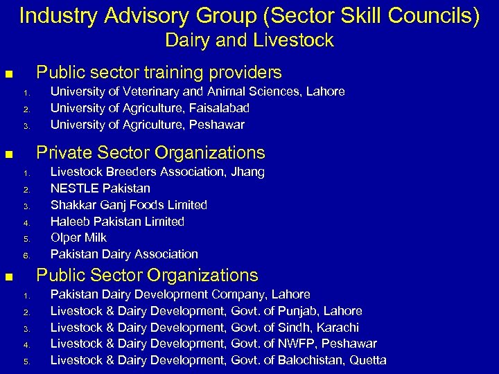 Industry Advisory Group (Sector Skill Councils) Dairy and Livestock Public sector training providers n