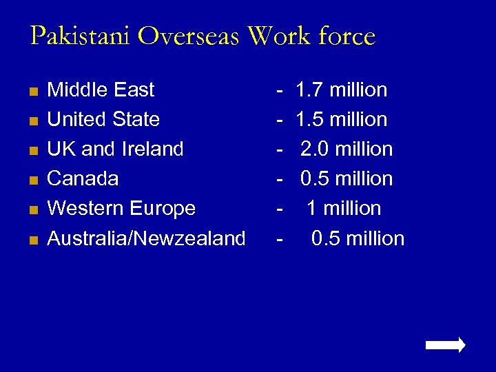 Pakistani Overseas Work force n n n Middle East United State UK and Ireland