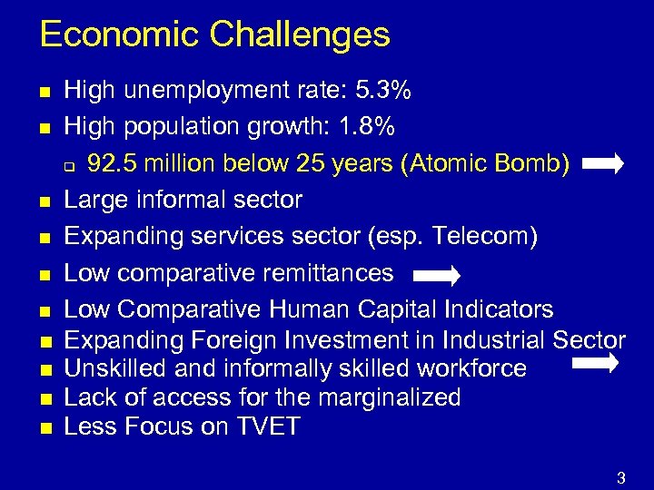 Economic Challenges n n n n n High unemployment rate: 5. 3% High population