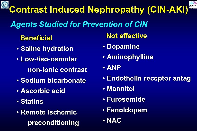  Contrast Induced Nephropathy (CIN-AKI) Agents Studied for Prevention of CIN Beneficial Not effective