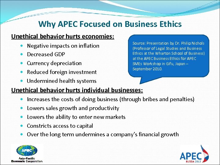 Why APEC Focused on Business Ethics Unethical behavior hurts economies: Negative impacts on inflation