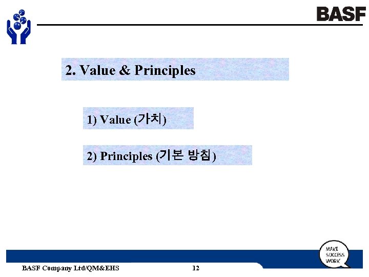 2. Value & Principles 1) Value (가치) 2) Principles (기본 방침) BASF Company Ltd/QM&EHS