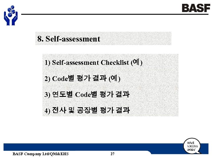 8. Self-assessment 1) Self-assessment Checklist (예) 2) Code별 평가 결과 (예) 3) 연도별 Code별