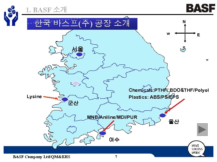 1. BASF 소개 한국 바스프(주) 공장 소개 N w E S 서울 Chemicals: PTHF/