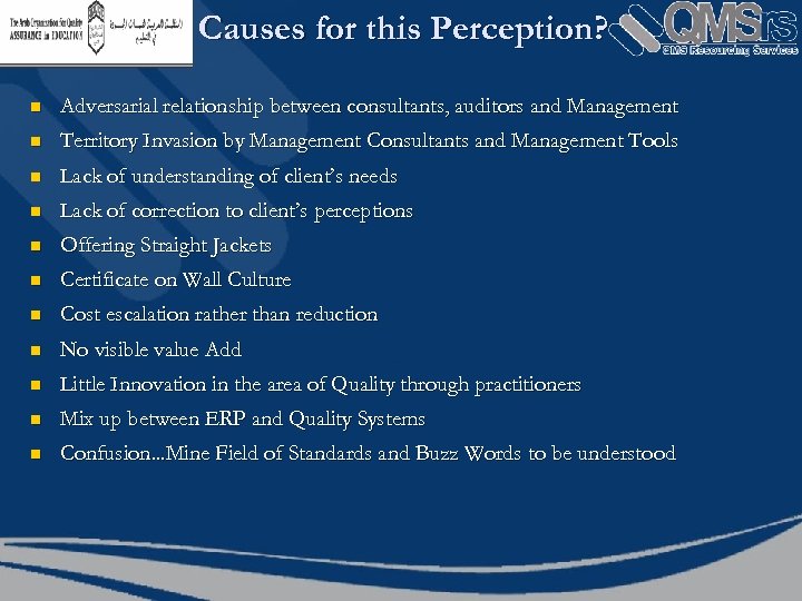 Causes for this Perception? n Adversarial relationship between consultants, auditors and Management n Territory