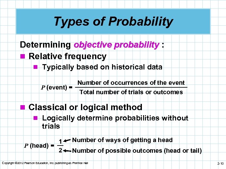Types of Probability Determining objective probability : n Relative frequency n Typically based on