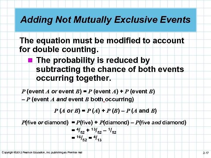 Adding Not Mutually Exclusive Events The equation must be modified to account for double