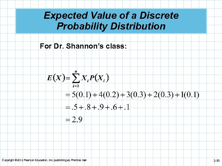Expected Value of a Discrete Probability Distribution For Dr. Shannon’s class: Copyright © 2012