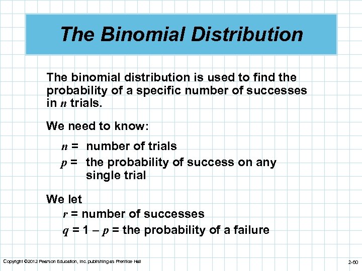 The Binomial Distribution The binomial distribution is used to find the probability of a