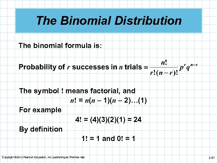 The Binomial Distribution The binomial formula is: The symbol ! means factorial, and n!