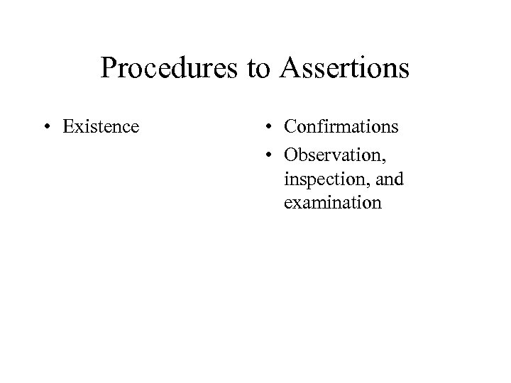 Procedures to Assertions • Existence • Confirmations • Observation, inspection, and examination 