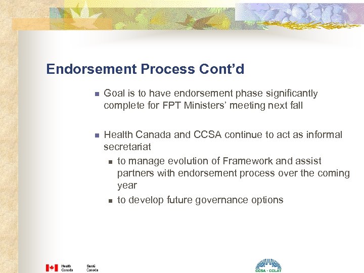 Endorsement Process Cont’d n Goal is to have endorsement phase significantly complete for FPT