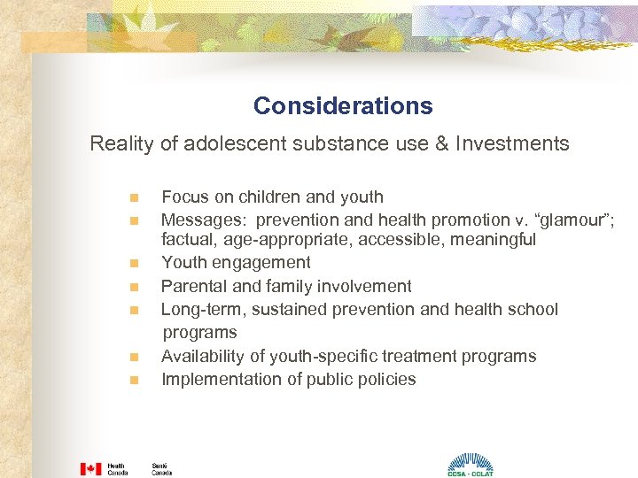 Considerations Reality of adolescent substance use & Investments n n n n Focus on
