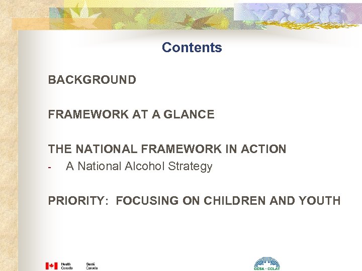 Contents BACKGROUND FRAMEWORK AT A GLANCE THE NATIONAL FRAMEWORK IN ACTION A National Alcohol