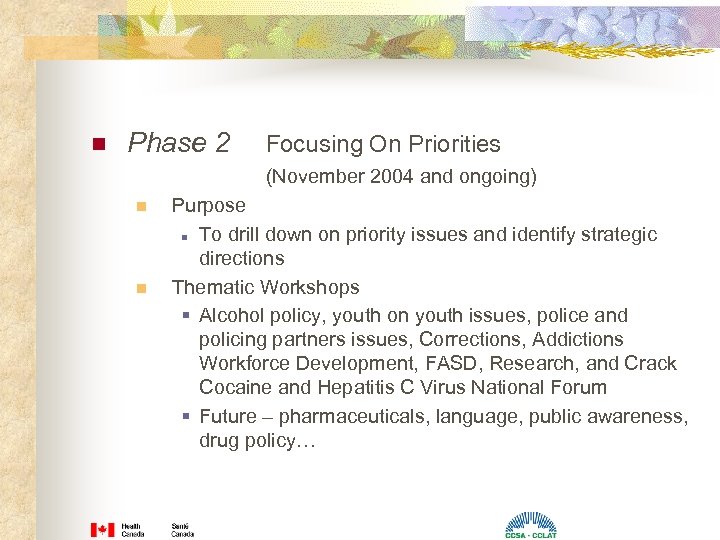 n Phase 2 Focusing On Priorities (November 2004 and ongoing) n n Purpose n