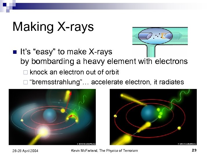 Making X-rays n It’s “easy” to make X-rays by bombarding a heavy element with