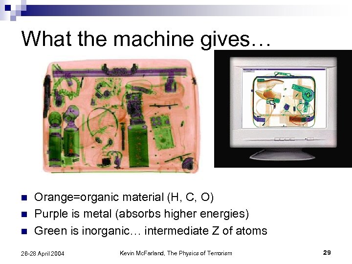 What the machine gives… n n n Orange=organic material (H, C, O) Purple is
