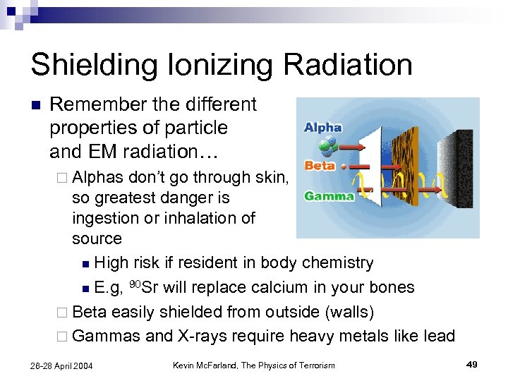 Shielding Ionizing Radiation n Remember the different properties of particle and EM radiation… ¨