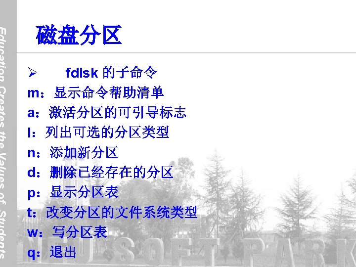 磁盘分区 Ø fdisk 的子命令 m：显示命令帮助清单 a：激活分区的可引导标志 l：列出可选的分区类型 n：添加新分区 d：删除已经存在的分区 p：显示分区表 t：改变分区的文件系统类型 w：写分区表 q：退出 