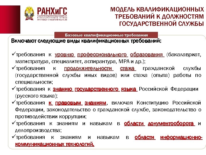 МОДЕЛЬ КВАЛИФИКАЦИОННЫХ ТРЕБОВАНИЙ К ДОЛЖНОСТЯМ ГОСУДАРСТВЕННОЙ СЛУЖБЫ Базовые квалификационные требования Включают следующие виды квалификационных