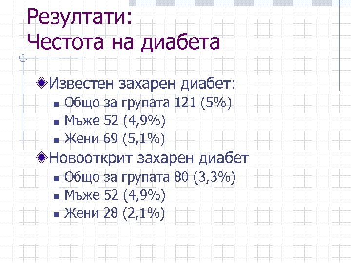 Резултати: Честота на диабета Известен захарен диабет: n n n Общо за групата 121