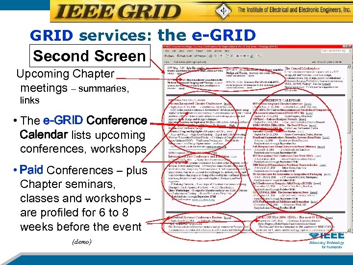 GRID services: the e-GRID Second Screen Upcoming Chapter meetings – summaries, links • The