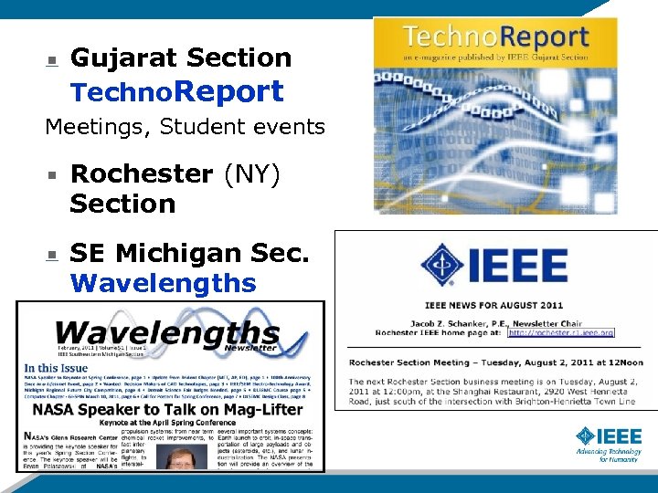 Gujarat Section Techno. Report Meetings, Student events Rochester (NY) Section SE Michigan Sec. Wavelengths