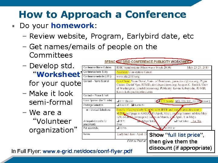 How to Approach a Conference Do your homework: – Review website, Program, Earlybird date,