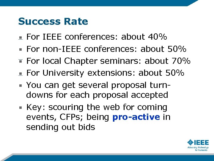 Success Rate For IEEE conferences: about 40% For non-IEEE conferences: about 50% For local