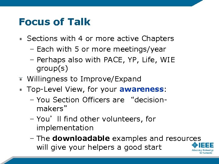 Focus of Talk Sections with 4 or more active Chapters – Each with 5