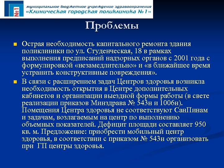 Проблемы n n Острая необходимость капитального ремонта здания поликлиники по ул. Студенческая, 18 в