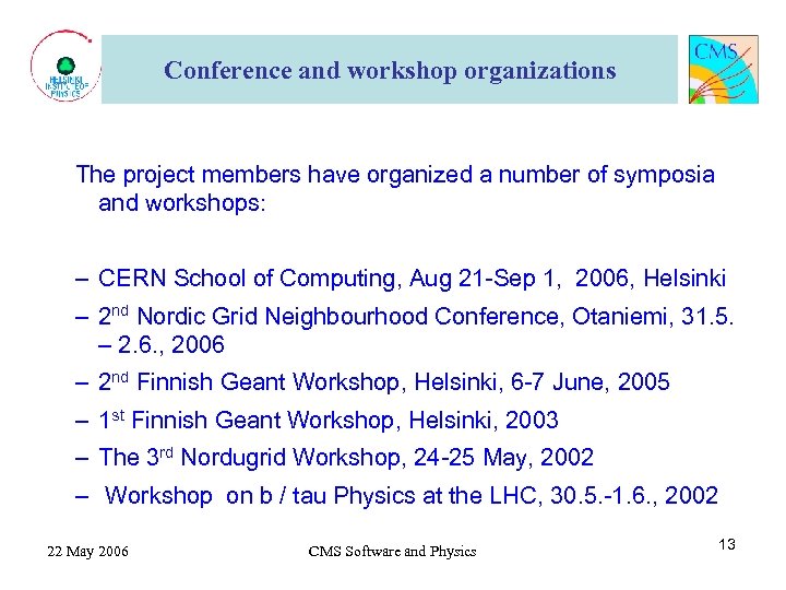Conference and workshop organizations The project members have organized a number of symposia and