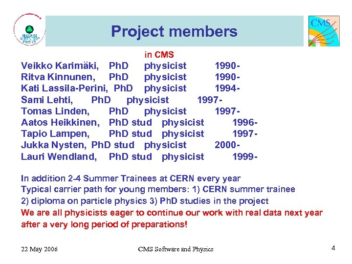 Project members in CMS Veikko Karimäki, Ph. D physicist 1990 Ritva Kinnunen, Ph. D