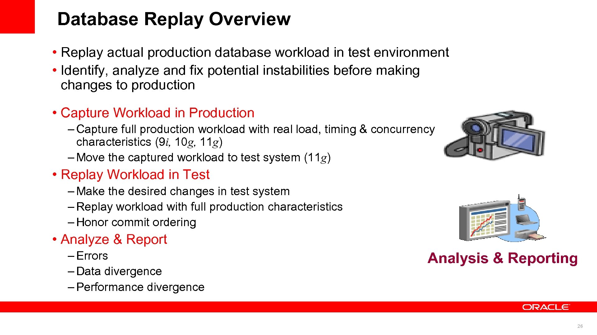 Database Replay Overview • Replay actual production database workload in test environment • Identify,