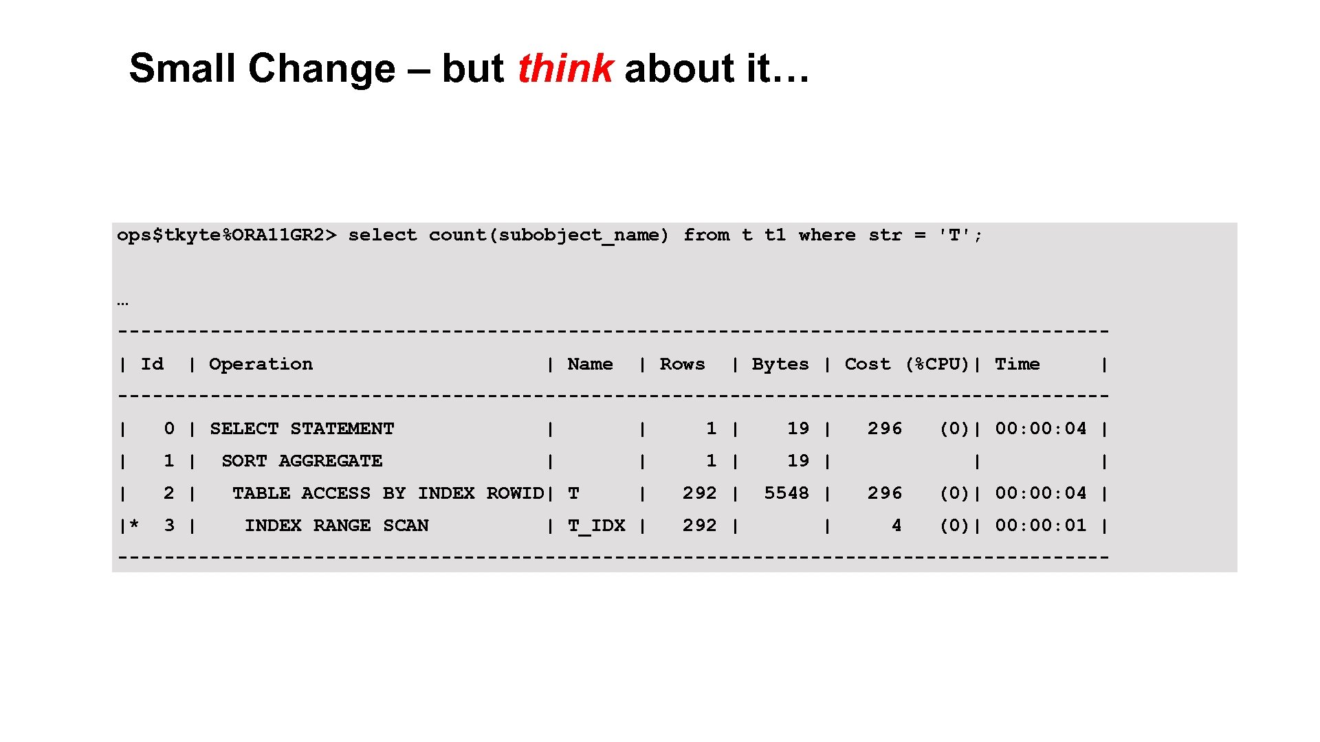 Small Change – but think about it… ops$tkyte%ORA 11 GR 2> select count(subobject_name) from