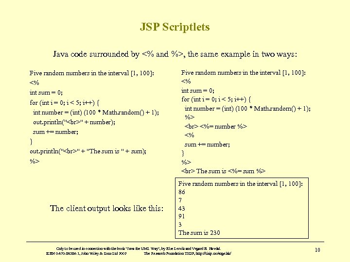 JSP Scriptlets Java code surrounded by <% and %>, the same example in two
