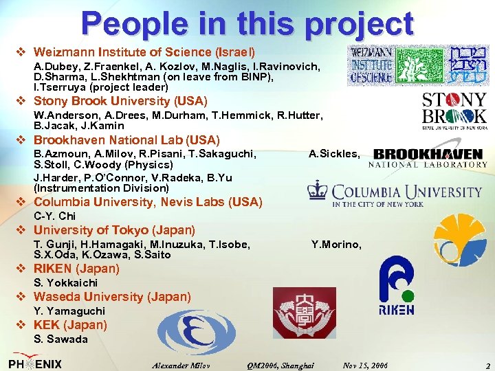 People in this project v Weizmann Institute of Science (Israel) A. Dubey, Z. Fraenkel,