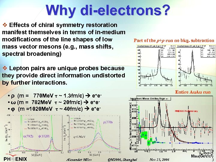 Why di-electrons? v Effects of chiral symmetry restoration manifest themselves in terms of in-medium