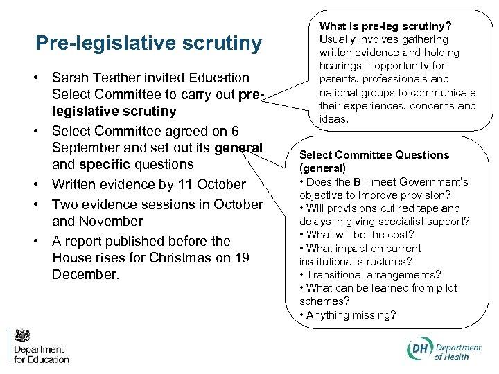 Pre-legislative scrutiny • Sarah Teather invited Education Select Committee to carry out prelegislative scrutiny
