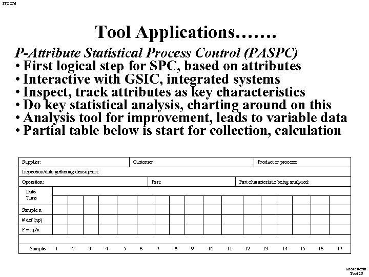 ITTTM Tool Applications……. P-Attribute Statistical Process Control (PASPC) • First logical step for SPC,