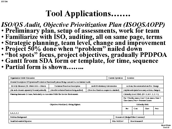 ITTTM Tool Applications……. ISO/QS Audit, Objective Prioritization Plan (ISOQSAOPP) • Preliminary plan, setup of
