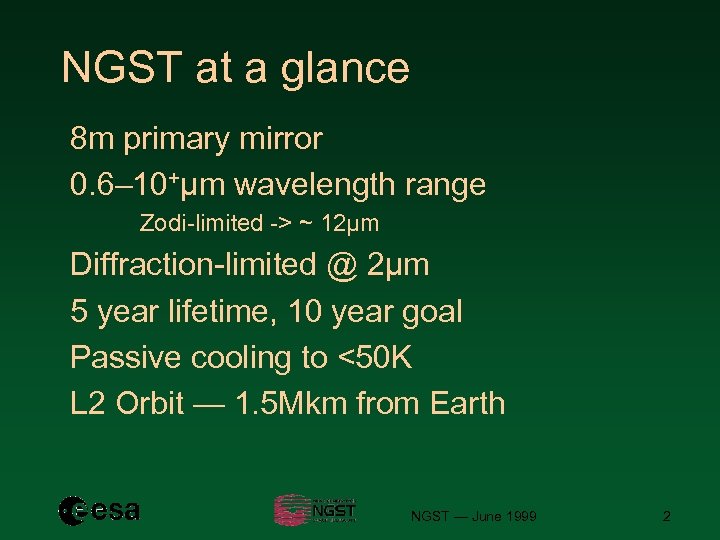 NGST at a glance 8 m primary mirror 0. 6– 10+µm wavelength range Zodi-limited