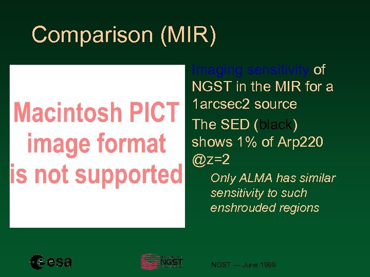 Comparison (MIR) Imaging sensitivity of NGST in the MIR for a 1 arcsec 2