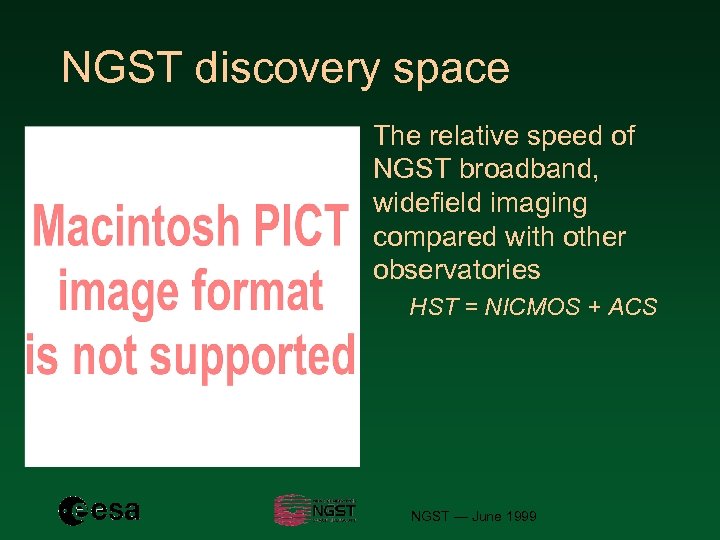 NGST discovery space The relative speed of NGST broadband, wideﬁeld imaging compared with other