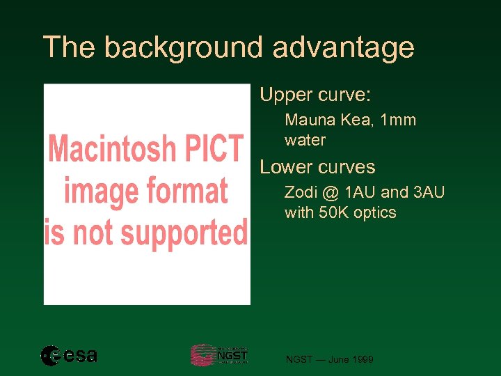 The background advantage Upper curve: Mauna Kea, 1 mm water Lower curves Zodi @