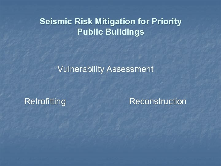 Seismic Risk Mitigation for Priority Public Buildings Vulnerability Assessment Retrofitting Reconstruction 