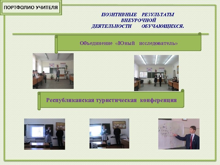 ПОЗИТИВНЫЕ РЕЗУЛЬТАТЫ ВНЕУРОЧНОЙ ДЕЯТЕЛЬНОСТИ ОБУЧАЮЩИХСЯ. Объединение «Юный исследователь» Республиканская туристическая конференция 